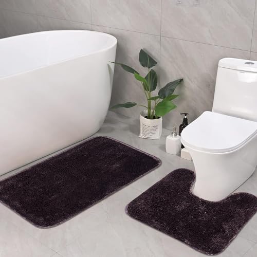 Image of Pano Microfiber Anti Slip Bathmat Set with Contour, Soft & Super Absorbent Mats for Shower, Washable, Non-Slip & Quick-Drying Mats for Home, Office, Pack of 2 (Brown, 50X75 Cm & 50X50 Cm)