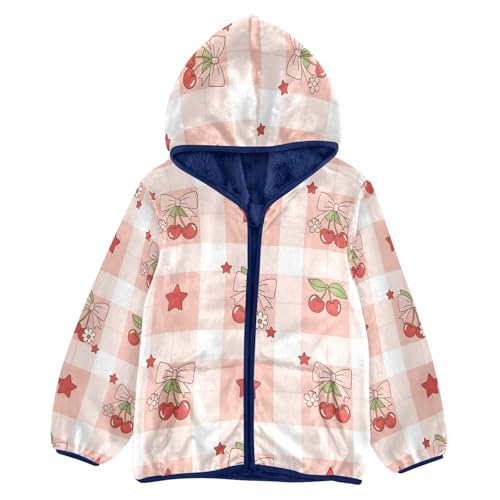 Cherry Bow Star Pink Pattern Toddler Fleece Jacket Girl Boys Hooded Fleece Jacket Coat Warm Outwear Zip-up 3-10T