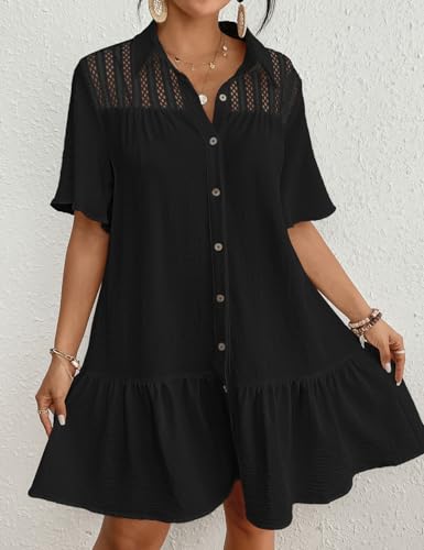 Bsubseach Swim Cover Up for Women Lace Splicing Bathing Suit Cover Up Bell Sleeve Beach Dress3