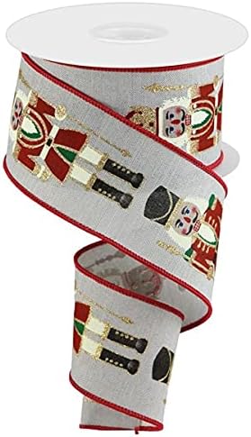 Nutcrackers on Canvas Wired Edge Ribbon - 10 Yards (Pale Grey, 2.5 Inch)