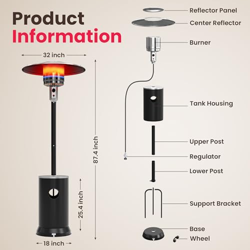 PAMAPIC 48000 BTU Patio Heater with high-strength waterproof cover, Propane Heater for Outdoor Use 2 in 1 Table Design, Double-Layer Stainless Steel Burner,Residential, Gray (Black)