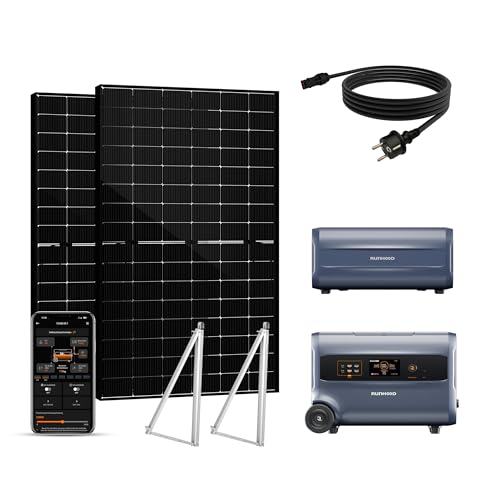 Balkonkraftwerk mit 4.8kWh Speicher und Halterung – Plug & Play Solaranlage mit 2×450W bifazialen Doppelglas-Solarmodulen, All-in-One F2400 + B2400 Akku, PV-Komplettset für Balkon, Wand & Garten