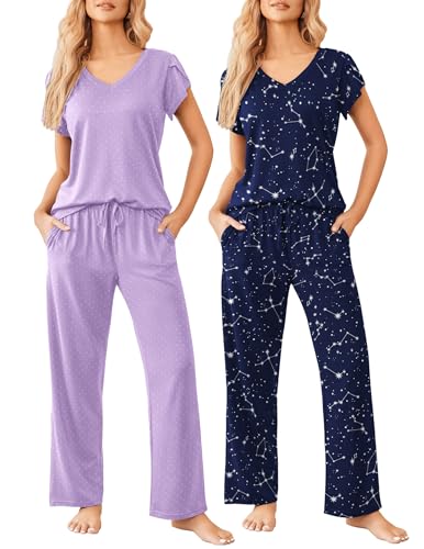 Image of Ekouaer 2 Pack Womens Pajamas Short Sleeve Sleepwear Top with Pants Super-Soft Printed Lounge Sets S-XXL