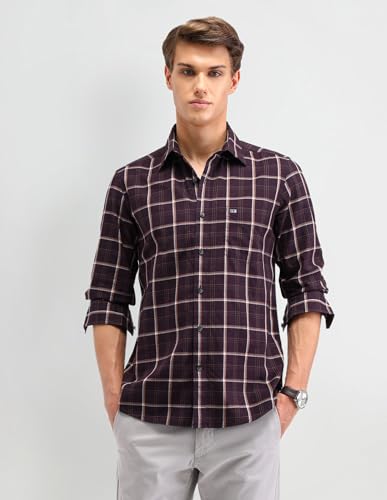 Image of Arrow Sport Men Slim fit Cotton Checked Long Sleeves Semi-Cutaway Collar Shirt