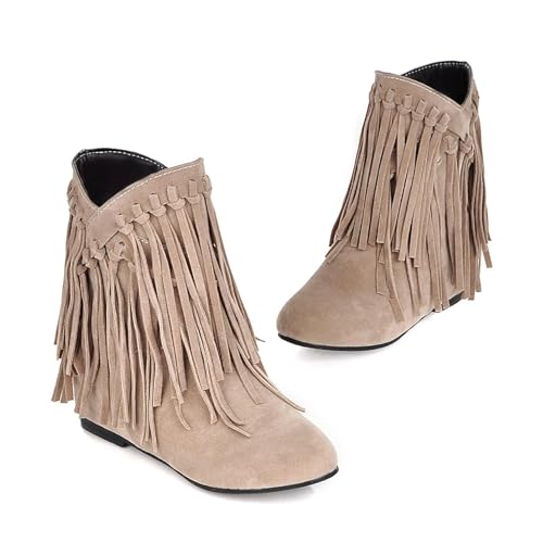 KiutSymo Womens Ankle Fringe Boots Round Toe Wide Calf Flat Tassel Boots Casual Hidden Wedge Heels Ankle Boots for Winter2