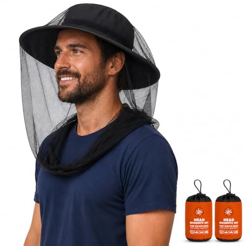 Mosquito Head Net 2 Pack, Ultra Fine Mesh Bug Net for Head with Adjustable Drawstring, Breathable Mosquito Net Hat for Camping Hiking Fishing Gardening, Face Neck Protection for Men Women