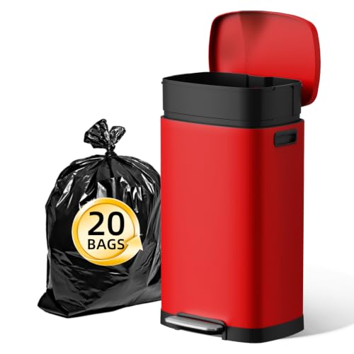 Image of KUK 13 Gallon Kitchen Trash Can with Lid, 50L /13Gal Office Step Garbage Can for Home, Kitchen, Laundry Room, Office, Brushed Stainless Steel, Red