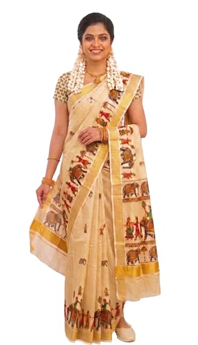 Image of Women's Mural Printed Kerala Gold Tissue Saree with Running Blouse Piece | Traditional South Indian Ethnic Saree for Festivals, Weddings & Special Occasions