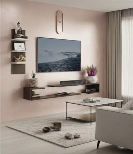 Image of Bros Moon Wall Mounted TV Cabinet, L-Shape, Choco White, MDF, Modern Style, Laminated Finish, for Living Room, Suits TV up to 55 Inches (Mocha White, Dual J 48 Inches Base)