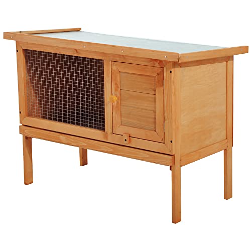 Pawhut Cage pour Lapin clapier sur Pied avec Toit ouvrant Porte verrouillable tiroir à déchets Coulissant Bois de Sapin traité dim. 90L x 45W x 65H cm Bois Naturel et...