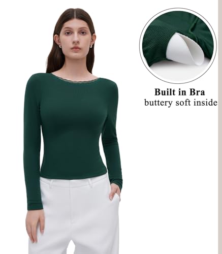 OMKAGI Backless Going Out Tops for Women Fitted Long Sleeve Double Layer Lace Shirts3