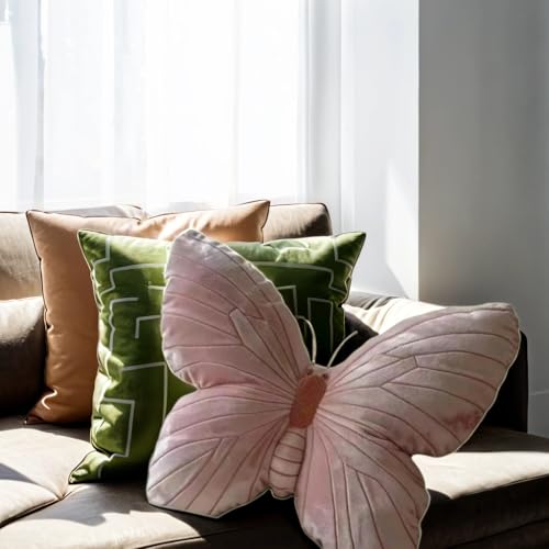 KIJISU Butterfly Throw Pillow, Pink Butterfly-Shaped Glitter Velvet Stuffed Cushion Shiny Spring Decorative Animal Pillow for Couch Living Room Bed (11.8