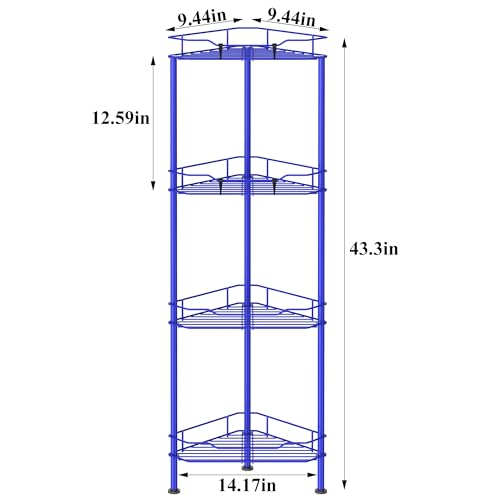 Image of HuggieGems Metal Floor Standing Corner Shower Caddy, Dark Blue, 4 Tier | Adhesive Bathroom Organizer Shelves, Free Standing Shower Rack with Hooks, Hold Large Shampoo Bottles