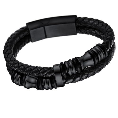 U7 Mens Leather Bracelet with Stainless Steel Clasp, Leather Cuff Bracelet in Skull or Wrap Style Black Bracelets for Husband d.Bead-Black 8.3 Inch