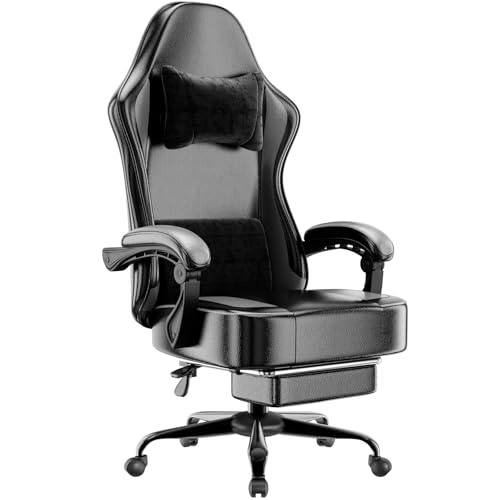 HOTOSYCH Sillas Gaming con Reposapies, Silla Gamer Adulto con Respaldo Lumbar, Silla Escritorio Gaming Ajustable en Altura, Silla Ordenador en Piel Sintética (Cojín Lateral, Gris)