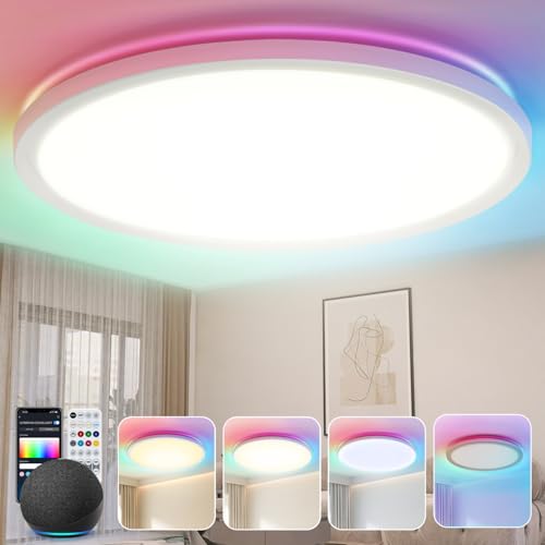 Aigostar Mesh - Lampara Techo Inteligente Delgada Bluetooth Mesh, Ø400mm, 36W, Lampara Techo Alexa, 3500LM, 3000K-6500K y RGB regulable, Plafon LED Techo para Dormitorio, Salon, Cocina