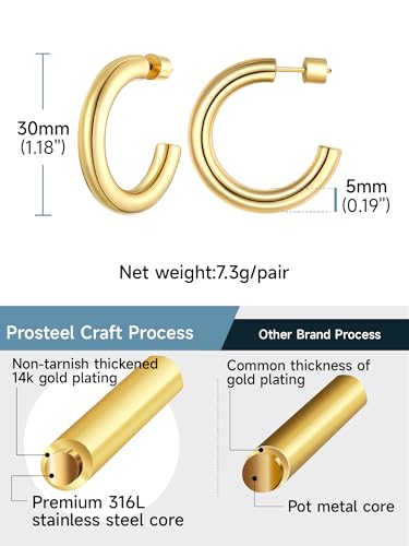 Image of Stainless Steel Chunky Hoop Earrings For Women, Minimalist and Chic, Black /Gold Plated, Round Hoops Earrings Hypoallergenic, Size: 30mm /40mm /60mm /80mm, Come with Box
