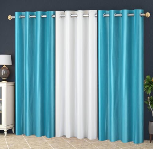 Image of Eyelet Polyester Modern Solid Crush Set of 3 Pcs. Window Curtains (6 Feet, 2 Aqua + 1 White)