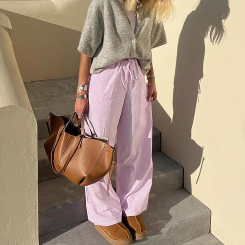 Women Drawstring Striped Wide Leg Pants Casual Elastic Waist Striped Pants Low Waisted Pants Lounge Pants with Pockets3