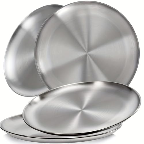 KHstylehoo 4-stück Rundes Edelstahl Teller, Φ20cm Camping Teller, Camping Geschirr, Picknick, Wandern, Küche, Party, Platzteller, Edelstahl