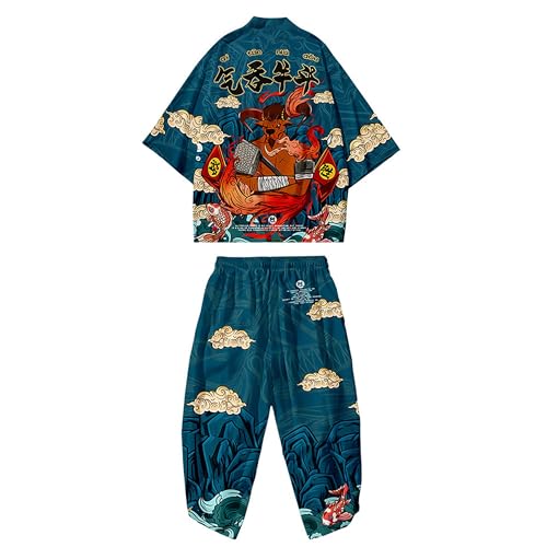 Image of DOSLAVIDA Men's Japanese Kimono Jacket Set Stylish Open Front Coat With Shorts Chinese Style Printed Cardigan Suit