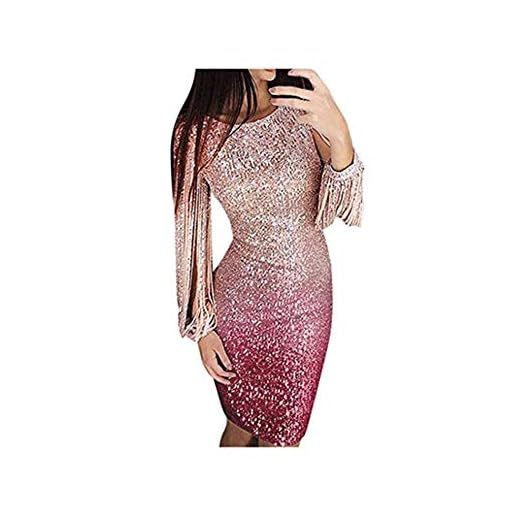 Xiangdanful Dam gradient aftonklänning aberoll klänning glitter paljett klänning elegant tyllbalklänning kvinnor sexiga sömmar glänsande klubb långärmad miniklänning hollow-Out Bodycon (S, rosa)