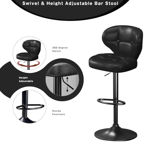 Image of Bar Stools Set of 2, Adjustable Swivel Bar Chairs with Backrest and Footrest, Modern PU Leather Upholstered Counter Height Stools for Kitchen Island, Bar, Dining Room Black