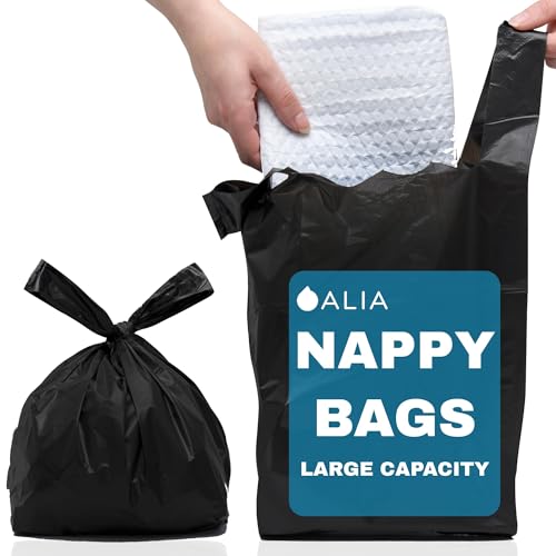 200 x ALIA | Black | Large Adult Incontinence Nappy Sacks EXTRA LARGE | Easy Tie Handles | Sanitary Disposable Bags | 2 Packs of 100