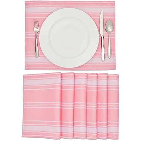 Set of 6 Placemats, Pink Striped Washable Place Mats for Kitchen & Dining, 43 x 33 cm Each Cover