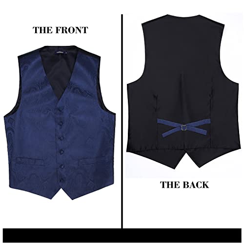 Hisdern Men's Vests Navy Blue Paisley Floral Dress Suit Vest Tie Set Jacquard Necktie Pocket Square Formal Waistcoat For Wedding Prom Tuxedo 3Pcs #TOP4