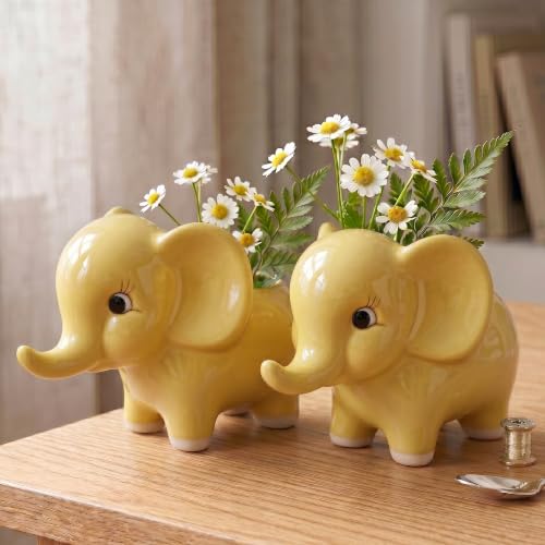 Image of Ceramic Elephant Succulent Planter Pots - Set of 2, Mustard Yellow | Cute Animal Shaped Flower Vases for Home Decor, Office Desk, Indoor Plants & Gifting