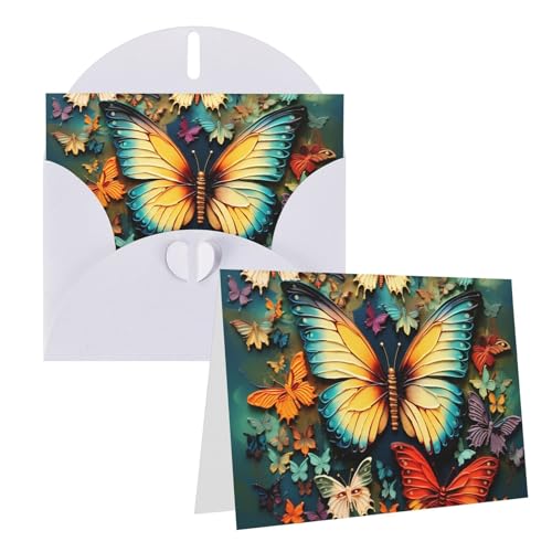 カラフルな蝶の刺繍絵画 空白のグリーティングカード 封筒付き 4インチ x 6インチ サンキューカード ノートカード あらゆる機会のカード 白 クリスマス 休日 誕生日 卒業 記念日用