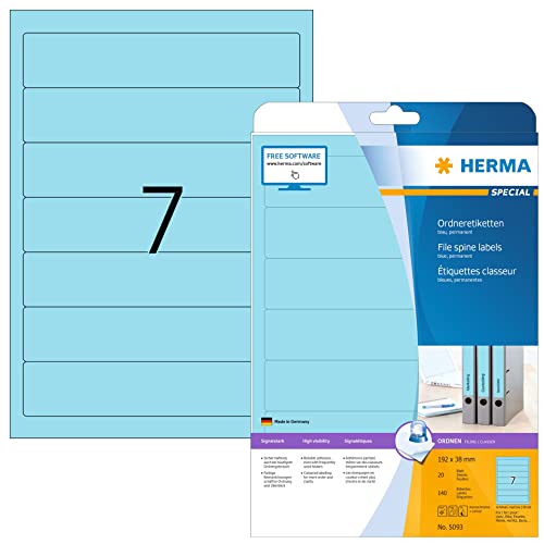 Herma Etichette Per Raccoglitori, 192 X 38 Mm, Etichette Adesive A4 Per Stampante, 7 Etichette Per Foglio, Blu
