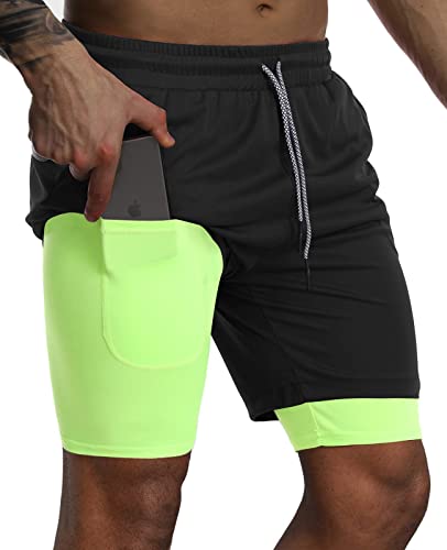 Danfiki Herren-Shorts, Laufshorts, leicht, Sport, schnelltrocknend, mit Reißverschlusstasche, zweilagig, Schwarz / Gelb, S