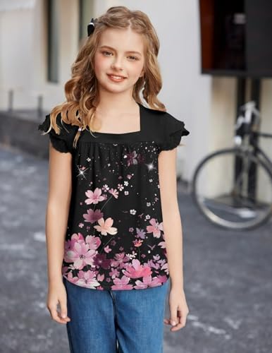 Image of Arshiner Girls Shirts Short Sleeve Square Neck Summer Lace Openwork Pleated Tops Blouse Tunic