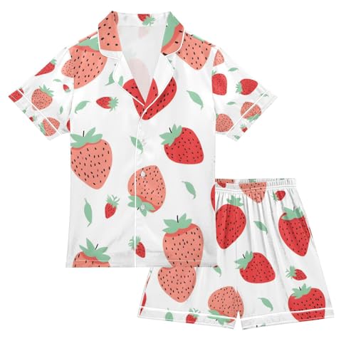 senya Cartoon Strawberry A Satin Summer Pajama Sets Silk Short Sleeve Button Down Sleepwear
