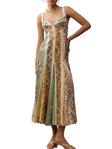 Weafmlia Women's Sexy Linen Dress Floral Print V Neck Backless Slim Fit High Waist Flowy Hem Sundress Colorful S