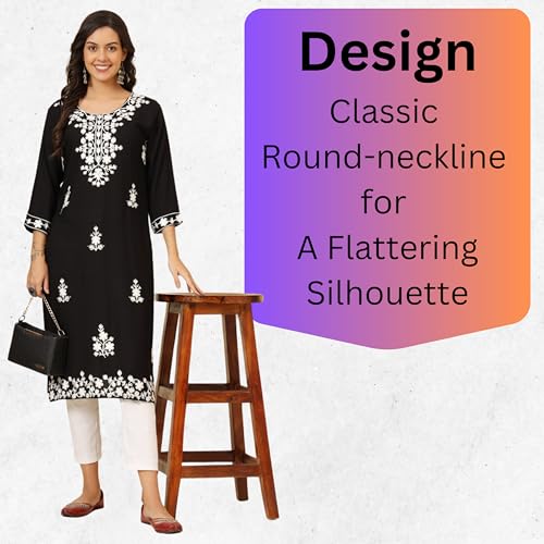 Image of Women's Chikankari-Lucknowi Embroidered Work| 3 /4 Sleeves | Knee Length | Round Neck | Soft Fabric | Straight Rayon Kurta