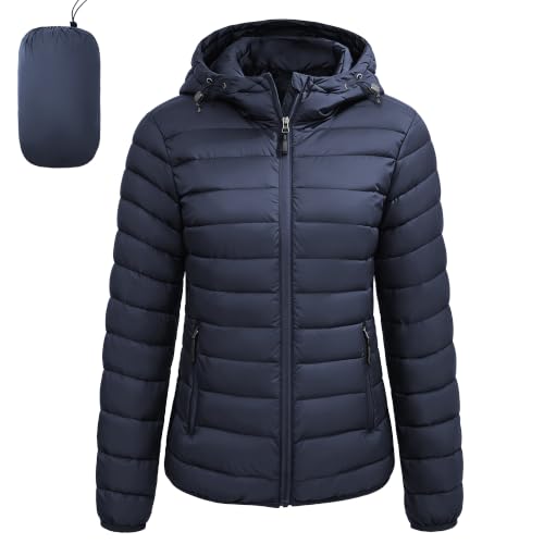 Puffer Jacket Womens Packable Hood Coats Down Puffy Jacket Navy S