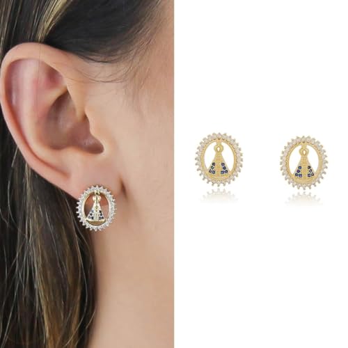 Brinco Nossa Senhora Aparecida Manto Azul Banhado Ouro 18k