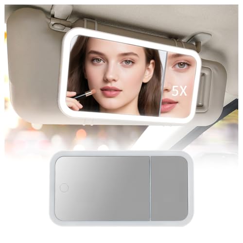 2026 Upgraded Car Vanity Mirror with Lights 5X Magnifying,Rechargeable Visor Mirror with Light with Adjustable 3 Light Modes,Touch Control Car Makeup Mirrors Cars Accessories