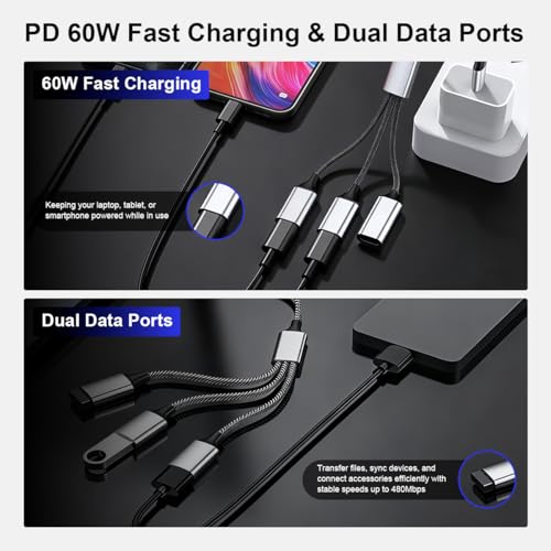 Image of Verilux PD 60W USB Splitter 1 in 3 Out, 3-in-1 Type C to A Cable with A Double Dual Port for Charging & 480Mbps Data Sync, Nylon Braided Type-C Hub with Aluminum Housing for iPhone 17 /16 /15, Laptop