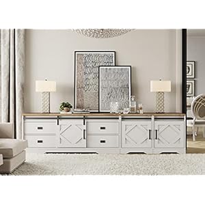 WAMPAT Farmhouse TV Stand for TVs up to 110Faux Bark Finish Wood 3 in 1 TV Cabinet with Drawers and Adjustable Shelves for Living RoomAntique White