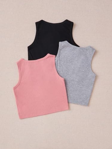 Image of Milumia Girl's 3 Pack Ribbed Knit Crew Neck Cropped Tank Top Sleeveless Summer Tops Heart Black Pink Grey 9Y