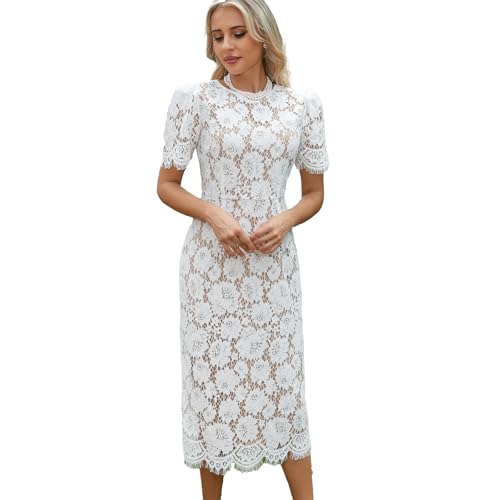 Women's Long Sleeve Lace Floral Elegant Cocktail Ocassion Party Midi Dress Wedding Guests Dress