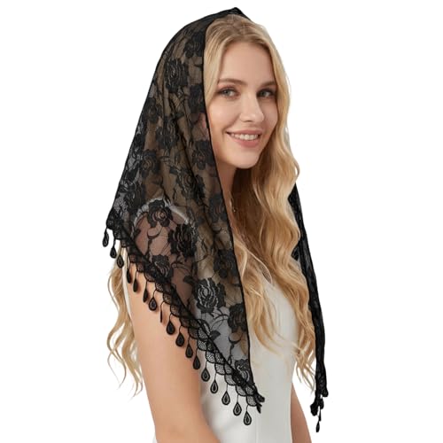 Larrel Lace Mantilla Veil Elegant Lace Head Scarf for Weddings Triangle Women Head Covering with Floral Pattern for Church Wedding Special Occasions(Black)