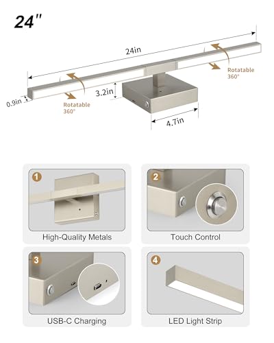 Image of Rayogale Nickel Battery Operated Wall Sconces Set of 2, 24 Inch | 3000 /4500 /6000K Dimmable 8000mAh Wireless Rechargeable Wall Sconces with Remote Control, Timer for Living Room, Bedroom