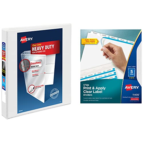Image of Avery Heavy-Duty View 3 Ring Binder with 1 Inch Rings, 5 Tab Easy Print & Apply Clear Label Binder Dividers, Office Supplies Set (01687)