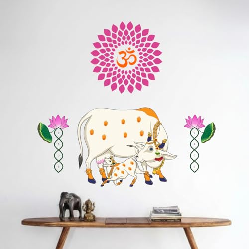 Image of Rawpockets Kamadhenu Cow and Calf with Om and Lotus Flower for Home, Pooja Room & Temple Self Adhesive Wall Sticker