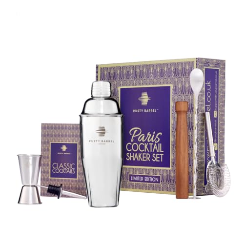 Rusty Barrel Paris Cocktail Making Set - Large Manhattan Style Stainless Steel Cocktail Shaker, Muddler, Strainer, Bar Measure, Pourer, Spoon & Recipe Booklet | Presented in a Luxury Gift Box